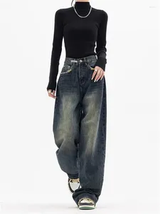 Jeans pour femmes hautes taille bleu noir large jambe décontractée vintage millésime de style rue américaine femelle pantalon de jean droit lâche
