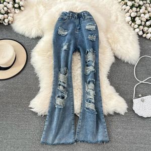 Dames jeans hoge taille denim flare broek voor vrouwen streetwear lente herfst mode gescheurd gaten slanke vrouwelijke oversized broek s-5xl