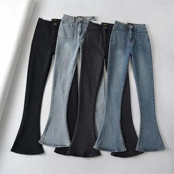 Jeans femme taille haute Denim pantalon évasé pour femmes couleur unie poche Design étudiant Slim Bootcut automne décontracté femme pantalon