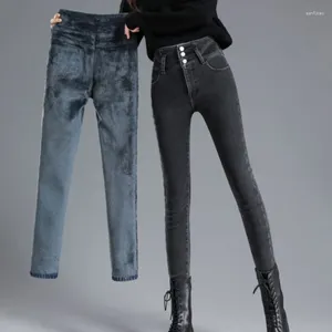 Jeans pour femmes taille haute denim pour automne hiver velours mince serré petit pied crayon pantalon conception trois boutons