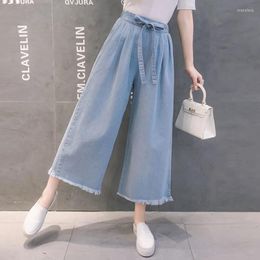 Dames jeans hoge taille denim negende wijd been broek 2023 zomer frenulum solide pocket bondgende vrouwelijke oversized s-5xl