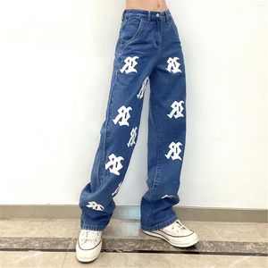 Dames jeans hoge taille denim broek mode printen rechte been broek verticale buis casual dames streetwear