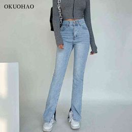 Dames Jeans Hoge Taille Denim Broek Broek voor Vrouwelijke Mode Elasticiteit Uitlopende Split Boot Cut Wide Leg Pant 211129