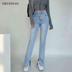 Dames Jeans Hoge Taille Denim Broek Broek voor Vrouwelijke Mode Elasticiteit Uitlopende Split Boot Cut Wide Leg Pant 210629
