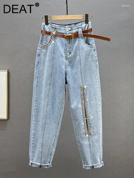 Jeans para mujeres Diamante de cintura alta agujeros rotos Borras sueltas Pantalones de mezclilla de pierna ancha azul