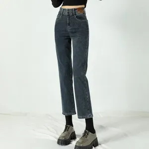 Dames jeans hoge taille elastische merk vrouwen denim slanke fit dubbele knop klassieke zwart blauw aankomsten broek 9 punt