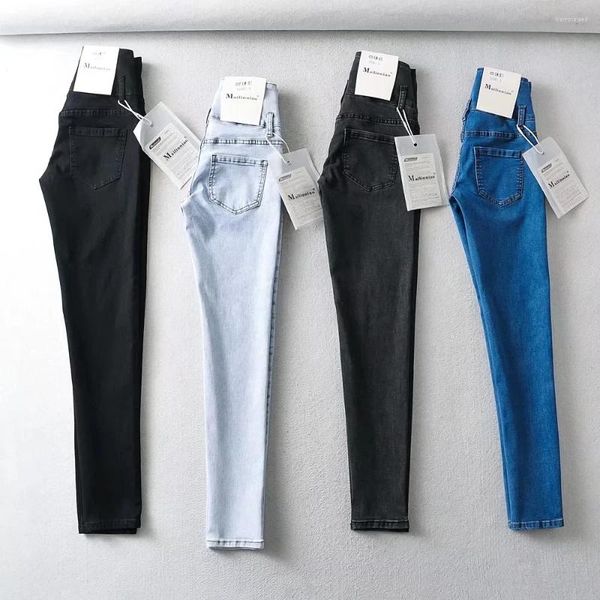 Jeans pour femmes taille haute élastique ascenseur hanche bleu lavé serré droit denim crayon pantalon streetwear femme neuf points