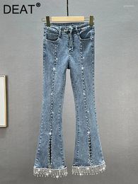 Dames jeans hoge taille geborduurde flares parels diamant tassel split denim flare broek 2024 herfst mode 29L2830