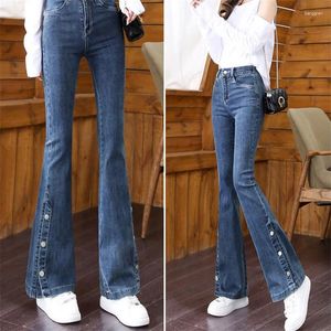 Jeans para mujeres Alta cintura completa Denim Fashion Fashion Ladies Elástica de pantalones rectos elásticos de piernas abiertas.