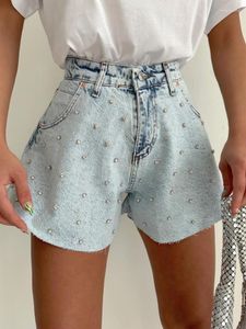 Jeans pour femmes taille haute industrie lourde Denim Shorts vêtements pour femmes 2023 été Style cloué diamant jambe large pantalon mode