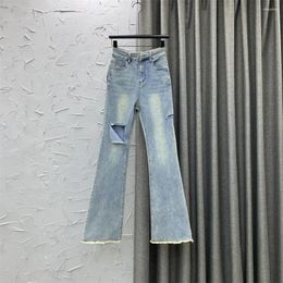 Jean pour femmes hautes taille coréenne style minceur trous évasé la fille d'été de la femme allongée pantalon de vadrouille dames sexy pantalon denim sexy