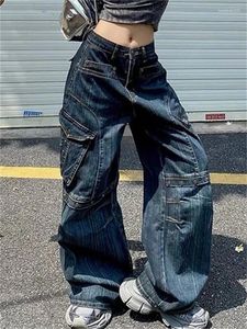 Jeans féminins hauts hauts multip poche sacggy vintage street cool fille pantalon de jambe large femelle pantalon denim lavé rétro décontracté.