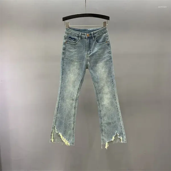 Jeans para mujeres Diseño de nicho de cintura alta del flaco para mujeres 2024 Moda de primavera y verano Pantalones de piernas rectas con flecos con franjas