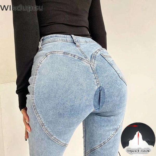 Jeans pour femmes pantalons hauts hauts femmes sexy ouverte leggings croths lingerie invisible double fermeture à glissière en plein air vêtements de dim