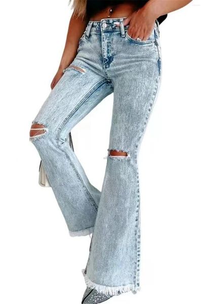 Jeans pour femmes taille haute déchiré cloche bas poches évasées décontracté femme petit ami trous vintage coupe de botte pour les femmes streetwear