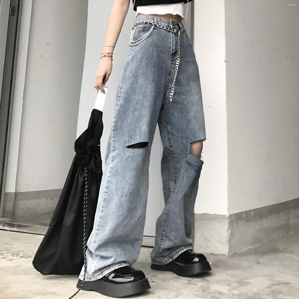 Jeans féminins hauts hauts Boyfriend Ripped for Women 2024 Fashion Blue Wide Jam Denim Pantalon Teenage Girl Harajuku Gothic Hole Streetwear