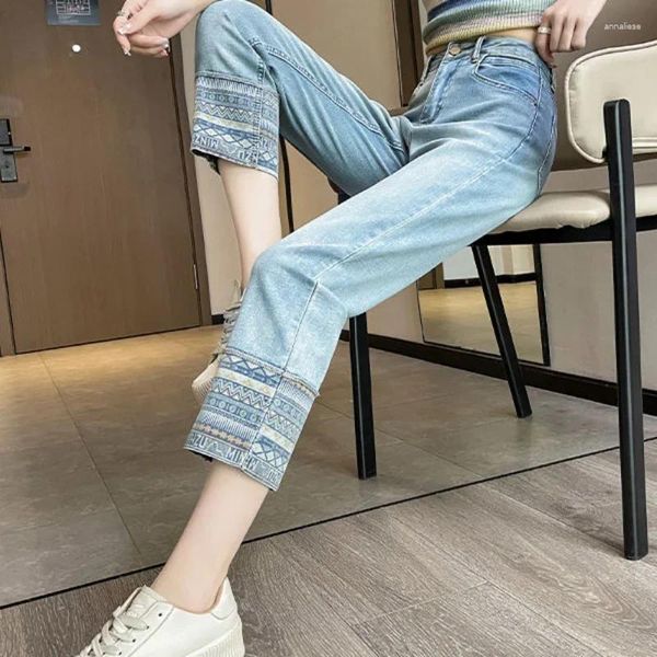 Jeans para mujer Pantalones de cintura alta S para mujer Pantalones de tubo Azul y Capris Pierna recta para mujer Recortada Top Venta Corea del Sur Hippie R