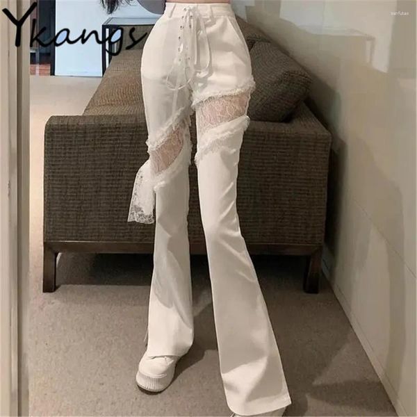 Pantalones vaqueros de mujer de cintura alta, ajustados, informales, divididos, estética Y2k, pantalones acampanados blancos, pantalones rectos de pierna ancha con encaje, Pantalones calados