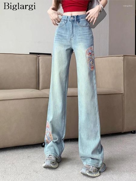 Jeans pour femmes taille haute printemps pantalon long femmes style chinois imprimé broderie mode décontractée dames pantalon lâche pantalon plissé femme