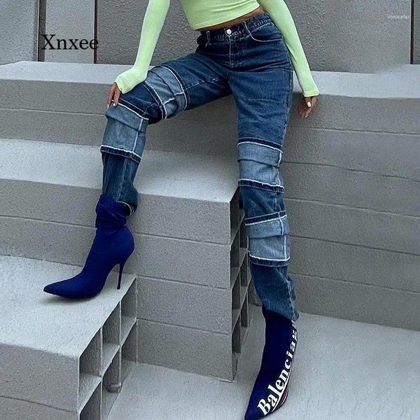 Jean femme taille haute pantalon droit couleur bloc Flare avec poches Streetwear pantalon Sexy bas slim Patchwork Denim