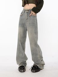 Damesjeans Hoge taille rechte pijpen Was jeans Vintage Raw Edge Bagged Denim Pants Street Clothing American Style Wide Leg Trouser 230329