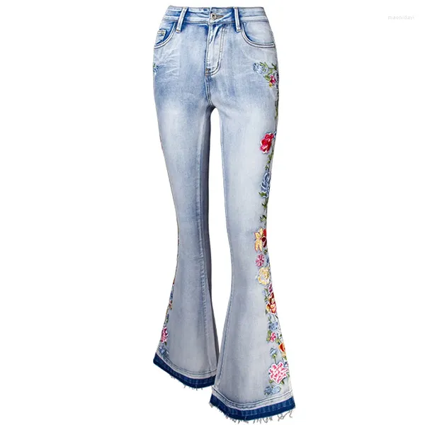 Jeans pour femmes hautes hautes broderies fleurs fleurs pantalon fare