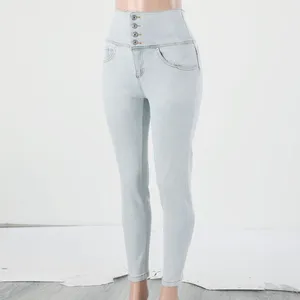Jean taille haute extensible pour femmes, pantalon de levage, couleur unie, bouton, slim, Denim, avec poches, vêtements pour femmes, 2024