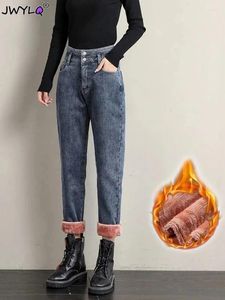 Jeans pour femmes taille haute épaissir vintage sarouel vaqueros femme hiver plus velours jean polaire longueur cheville pantalon en denim laver chaud baggy