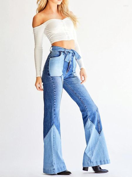 Jeans pour femmes taille haute deux couleurs épissage ceinture Denim pantalon mode vêtements pour femmes lavage pantalon évasé années 70 Vintage Street Trendsetters