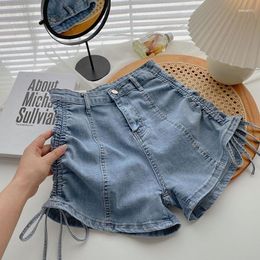 Dames Jeans Hoge Taille Wijde Pijpen Denim Shorts Voor Dames Zomer Trekkoord Elastiek Een Lijn Broek Met Bandjes Strakke Effen Kleur