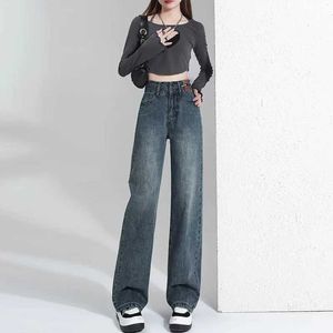 Jeans pour femmes hauts hauts pantalons de jambe large 2023 automne new mode jeans vintage femme pantalon denim à la longueur du sol lisse y240422