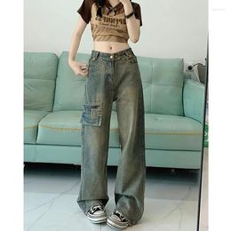 Jeans da donna Pantaloni a gamba larga a vita alta Donna Y2K Pantaloni in denim con design con cerniera Harajuku larghi dritti da strada retrò
