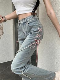 Jeans pour femmes taille haute femmes Harajuku décontracté mince femme mode streetwear rose pantalon à lacets vintage denim pantalon femme