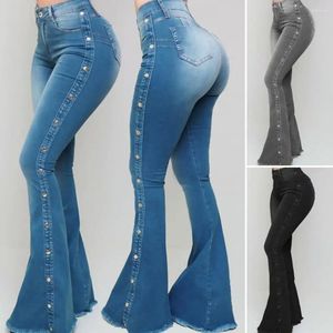 Jeans pour femmes taille haute femmes multi poches bouton hanche levage évasé lavé rivet décor jambe large denim pantalon streetwear