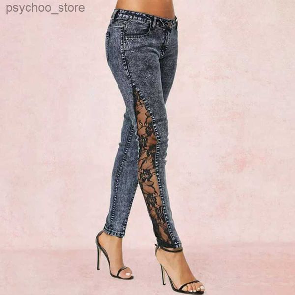 Jeans de mujer Jeans de cintura alta para mujer 2023 Costura de encaje de primavera Nueva moda Retro Jeans grises Pantalones pitillo sexy Pantalones lápiz Pantalones vaqueros elásticos para Q230901