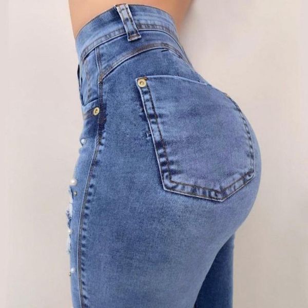 Pantalones vaqueros de cintura alta para mujer, pantalones vaqueros sexis de realce, pantalones pitillo de talla grande para mujer, pantalones vaqueros elásticos ajustados para mujer, pantalones con abalorios y agujeros rasgados