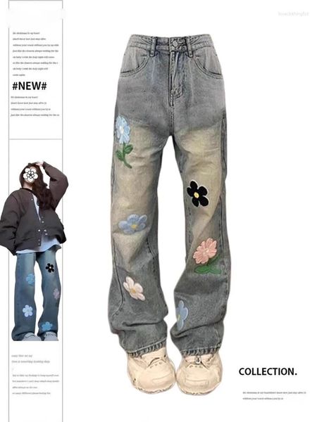 Jeans para mujer Talle alto Baggy Mujeres Bordado Flor Moda Pantalones rectos Primavera Verano 2024 Casual Mopping Denim Pantalones Y2K