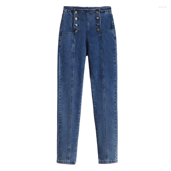 Jeans de mujer de cintura alta azul estiramiento femenino primavera y otoño coreano doble botonadura yardas grandes moda temperamento casual pierna pequeña