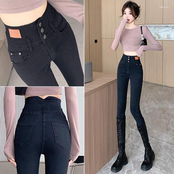 Jeans pour femmes hautes boutonnées pour les femmes avec des leggings en peluche d'automne et d'hiver 2024 Black Grey Slim