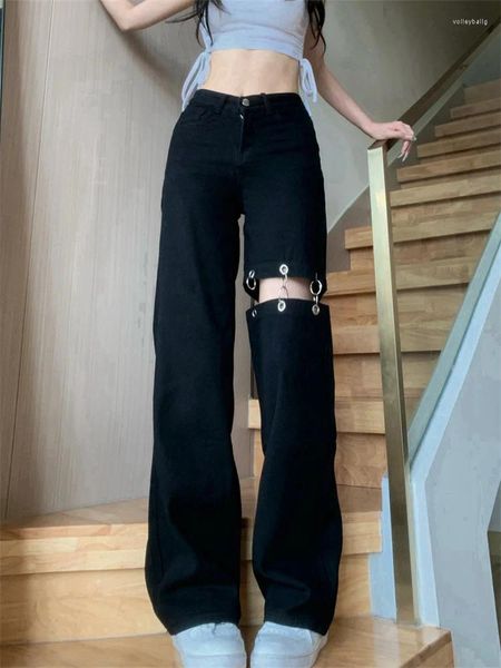 Jeans pour femmes taille haute pour femmes mode coréenne harajuku avec chaîne hip hop lâche pantalon creux femme design pantalon droit