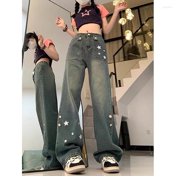 Jeans féminins hauts hauts ajustement large jambe large avec femelle pentagram y2k design à la mode harajuku rue street pantalon hétéro
