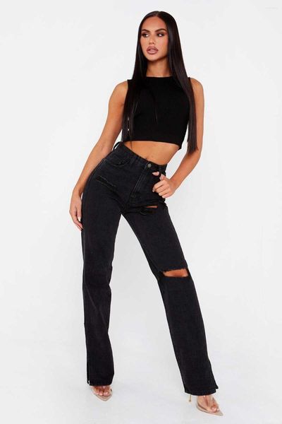 Jean femme taille haute déchiré noir fendu maman Denim pantalon esthétique vêtements de rue