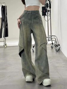 Jeans pour femmes hautes femmes à la taille lavent le bouton entièrement longueur de la jambe large pantalon de jean mode vintage ykk bleu clair