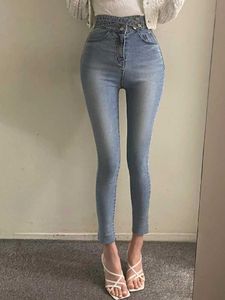 Dames jeans hoge taille dames jeans met gespreid knopontwerp strakke elastische been broek 2023 Koreaanse mode dames kleding 240423