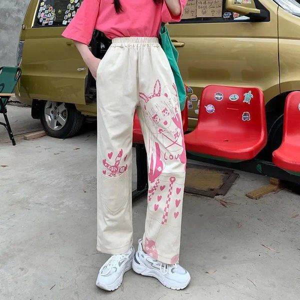 Jeans pour femmes taille haute Y2K filles rose graffiti femmes plus taille harajuku kawaii lâche pantalon décontracté de neuf minutes printemps / été 2024
