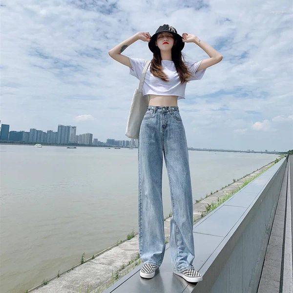 Jeans féminins High Wasit Wide jambe Panst couvercle lâche Hip Show Fime Femmes Summer Ice Straight Tube Drop Pants Tide Streetwear