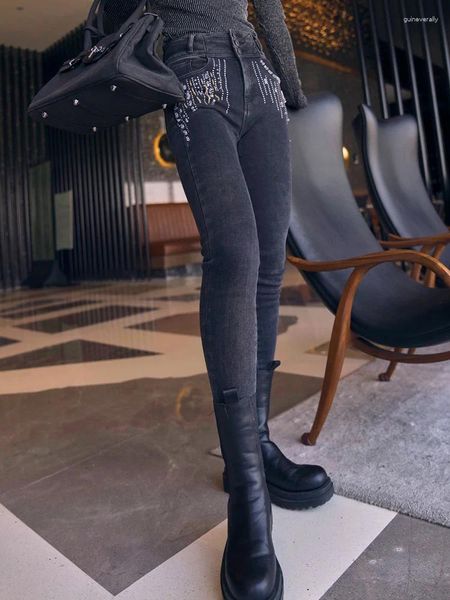 Jeans pour femmes hautes femmes taille noire automne hiver épais skinny pantalon élastique denim dames bling crayon perle avec strass