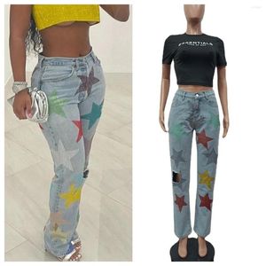 Jeans femme taille haute paillettes étoiles Denim pantalon trou crayon maigre Streetwear été bleu Clubwear femmes pantalons