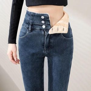 Pantalones vaqueros de cintura alta para mujer, cálidos, azules, para invierno, para mujer