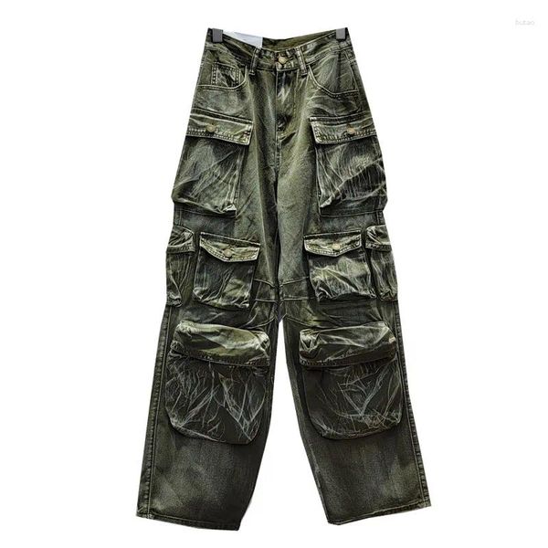 Jeans pour Femmes Hip Hop Avant-Garde Style Fonctionnel Distressed Streetwear Salopette Multi-Poches Pantalon de Vadrouille Pantalon de Scène de Danse à Jambes Larges